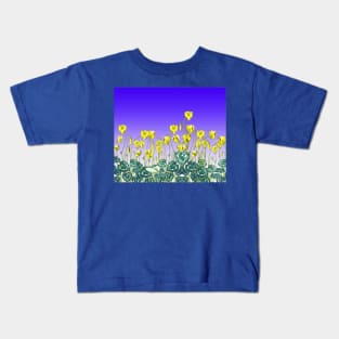 YELLOW CYCLAMENS,GREEN LEAVES UNDER BLUE SKY Floral Kids T-Shirt